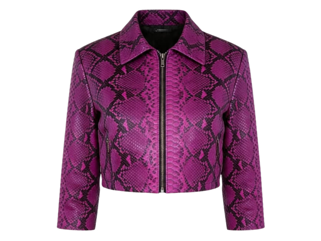 Magenta snakeskin cropped leather jacket with front zipper and pointed collar