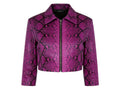 Magenta snakeskin cropped leather jacket with front zipper and pointed collar