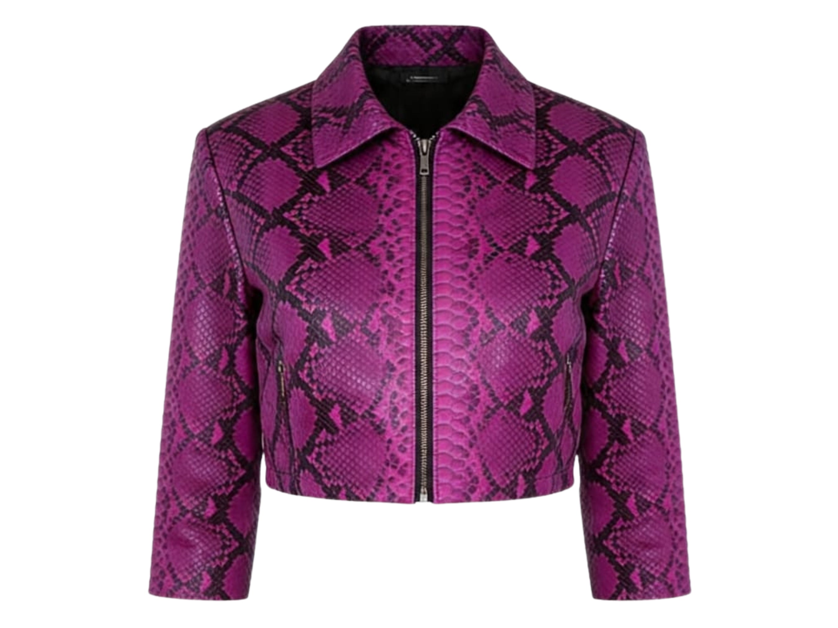 Magenta snakeskin cropped leather jacket with front zipper and pointed collar