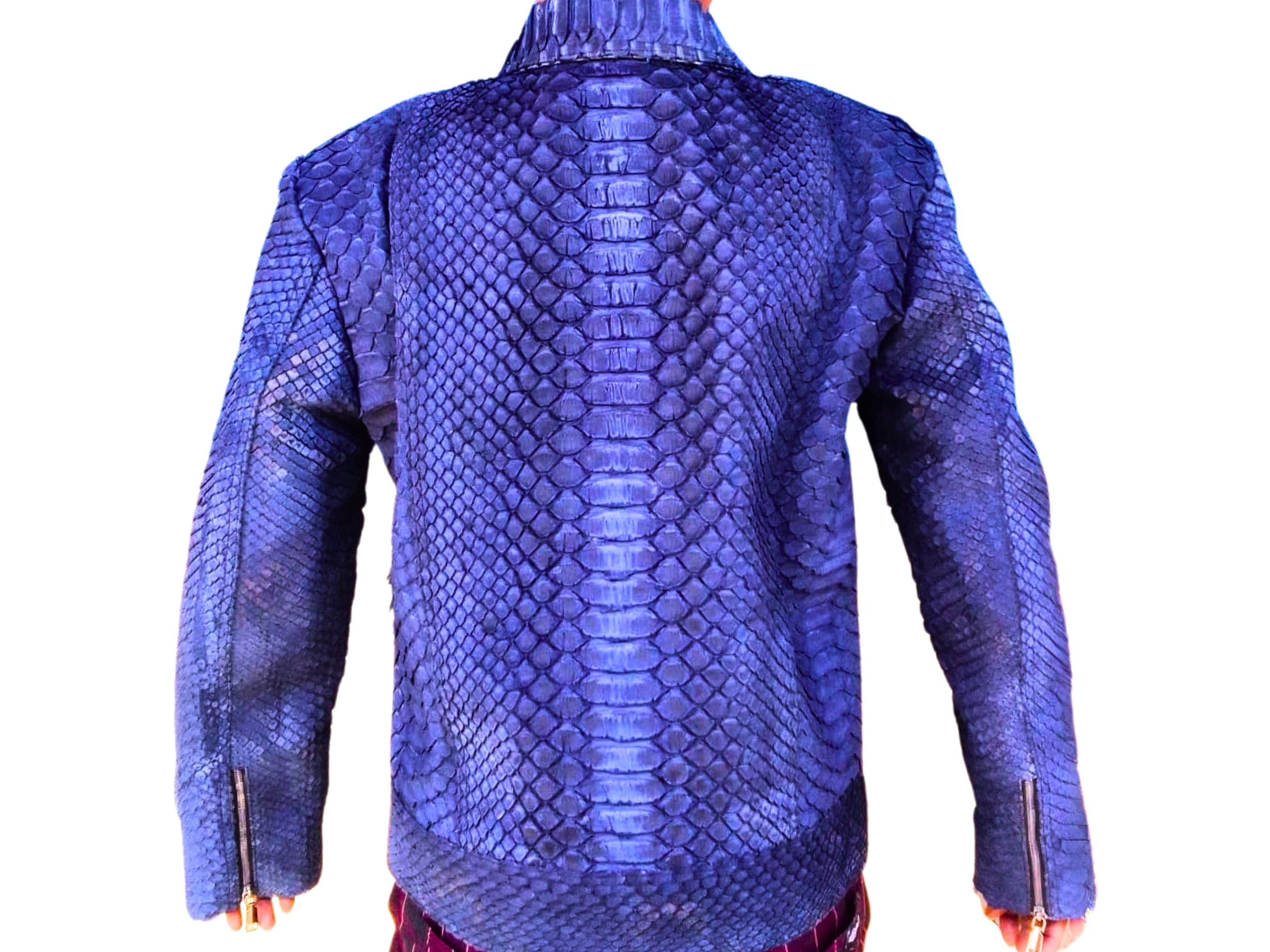 Back view of blue snakeskin leather jacket with full-length sleeves