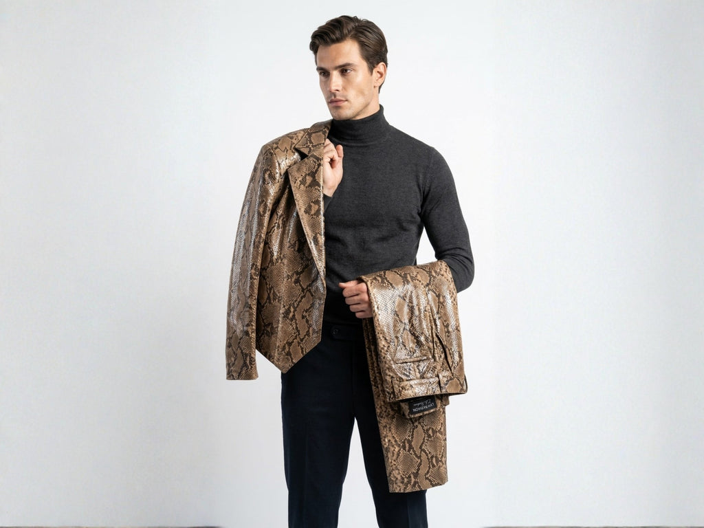 Brown python snakeskin suit set with matching blazer and pants, model wearing
