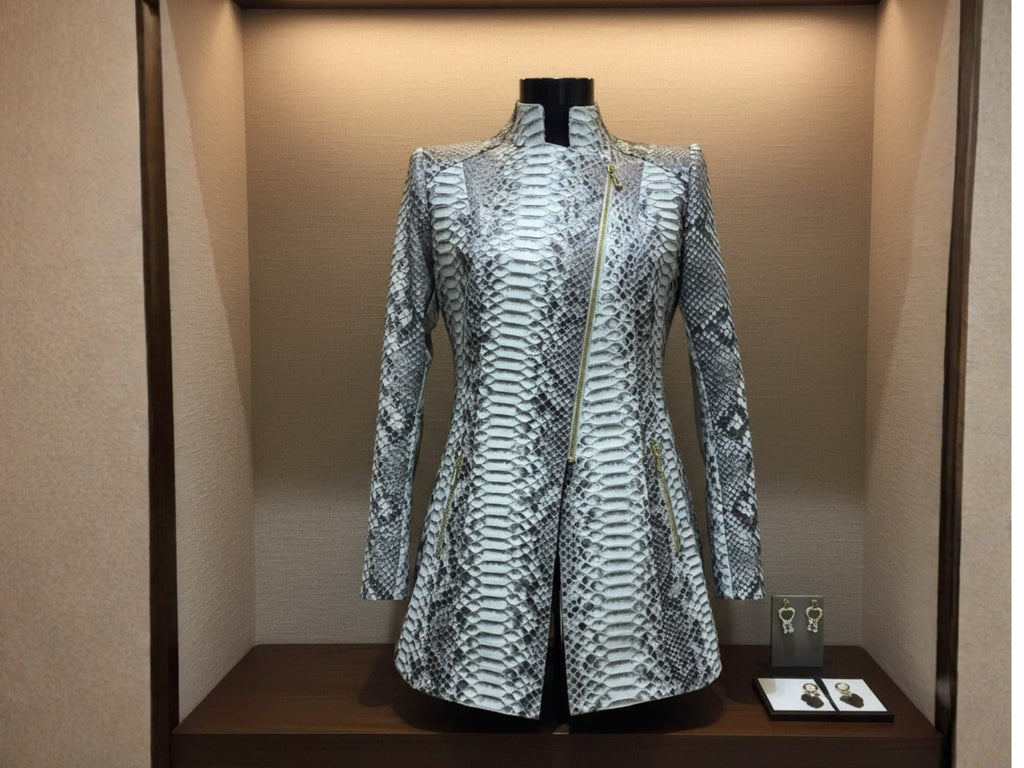 Gray python snakeskin jacket with asymmetrical zip front and tailored A-line shape