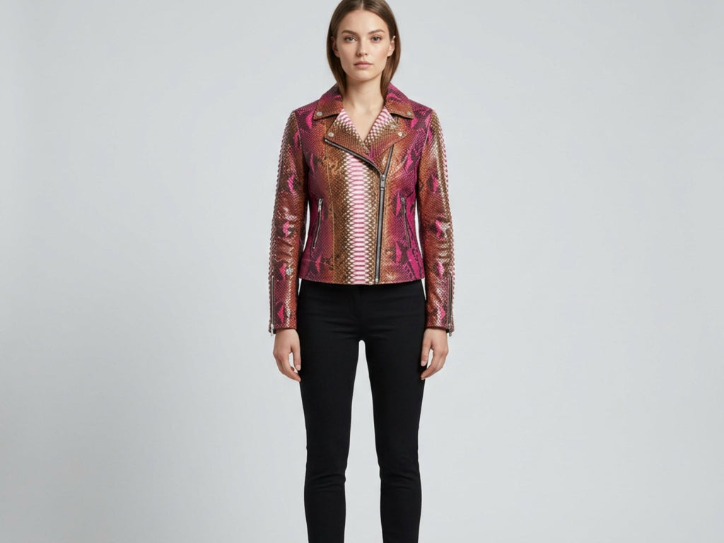 Pink and brown snakeskin leather biker jacket with zip-front and front zip pockets