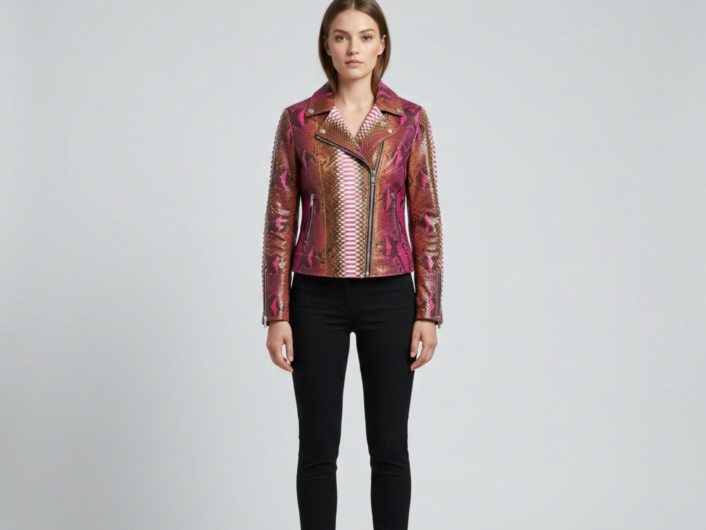 Pink and brown snakeskin leather biker jacket with zip-front and front zip pockets