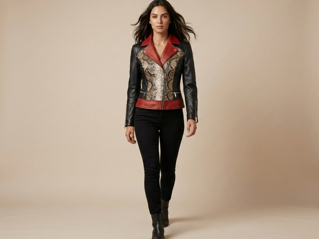 Women’s black biker leather jacket with red collar and snakeskin front panel