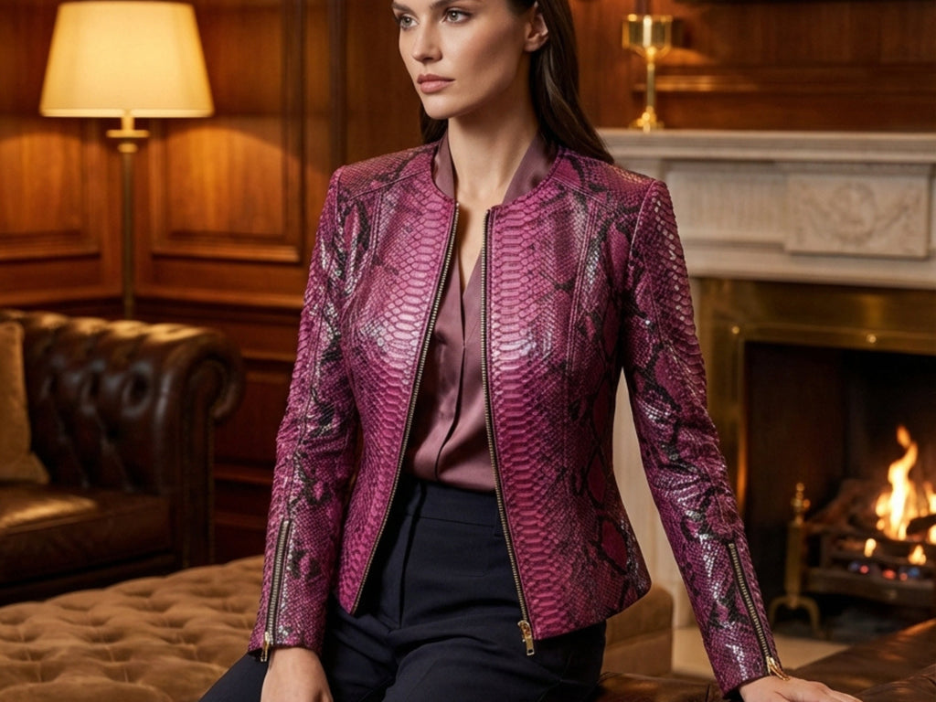 Snakeskin leather jacket in pink burgundy, front zipper, long sleeves, tailored fit