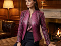 Snakeskin leather jacket in pink burgundy, front zipper, long sleeves, tailored fit