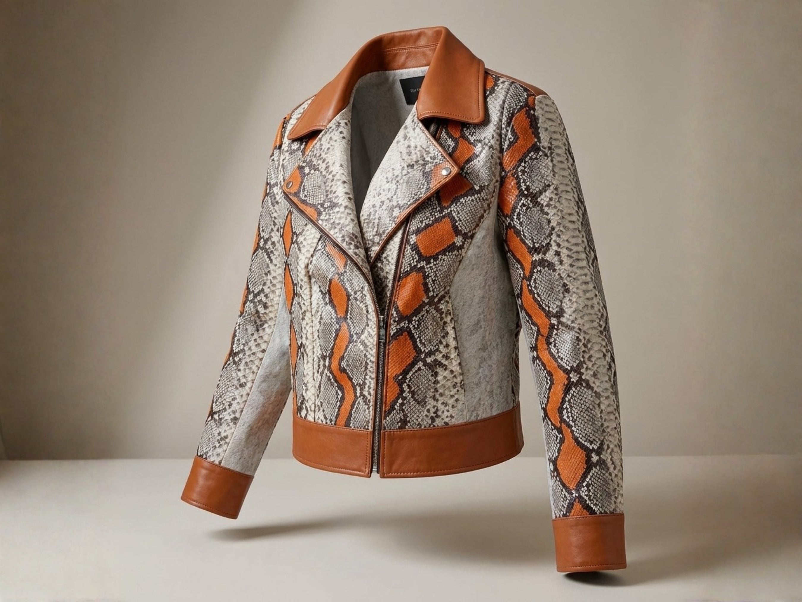 Snakeskin biker leather jacket with brown leather trim, orange diamond scale print, zip.