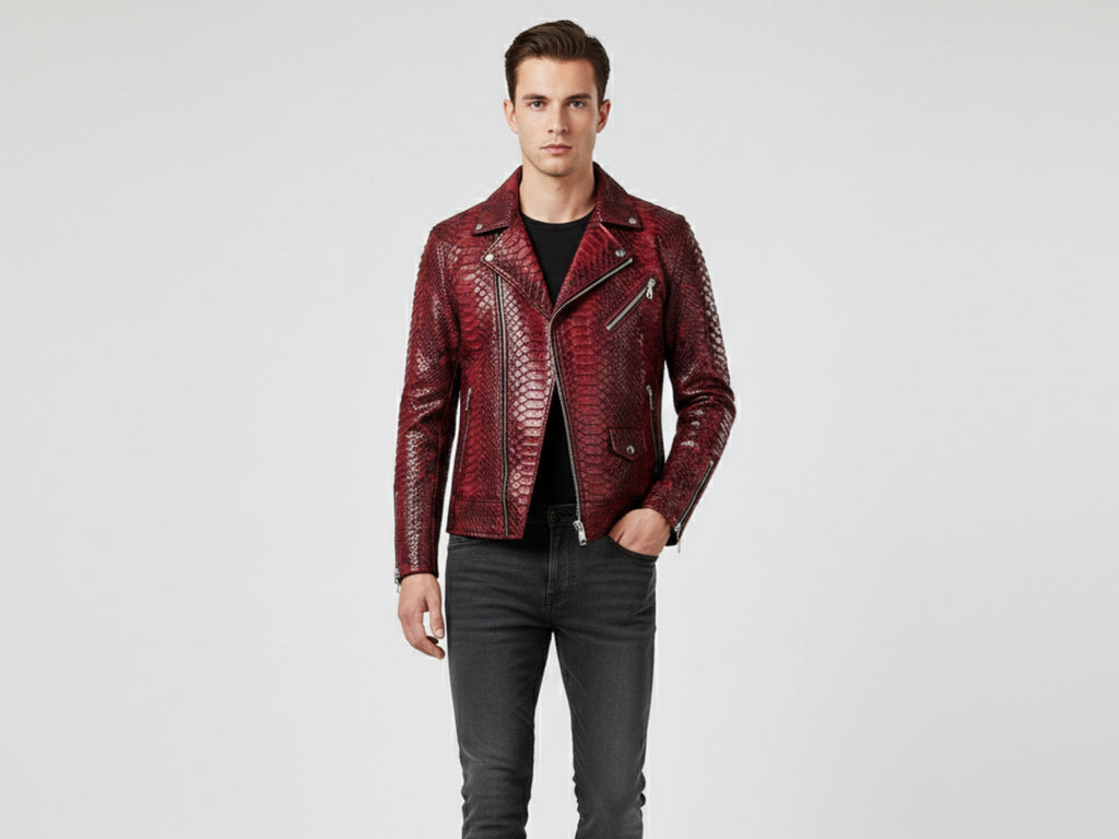 Red python snakeskin biker jacket with stand-up collar, zip pockets, and snap straps