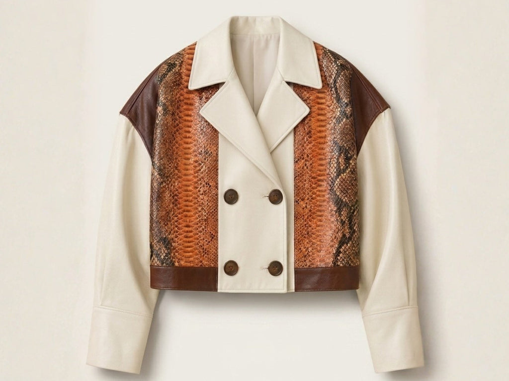 Front view blazer with cream lapels, brown-and-orange snakeskin panels, and double-breasted buttons
