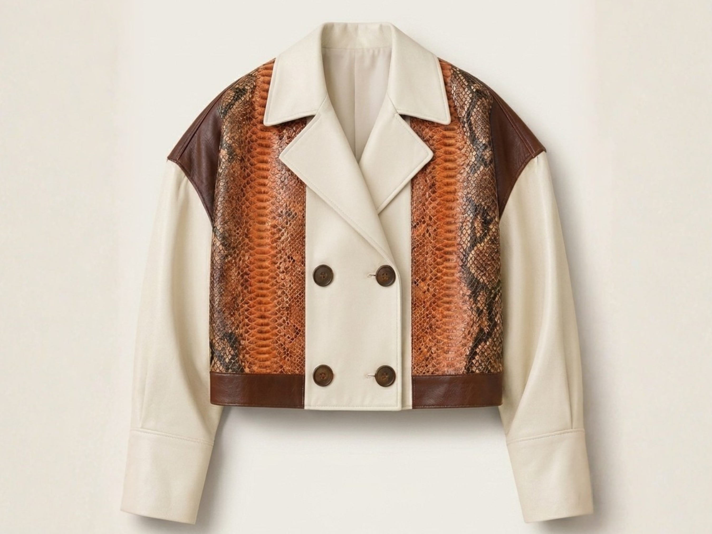 Front view blazer with cream lapels, brown-and-orange snakeskin panels, and double-breasted buttons