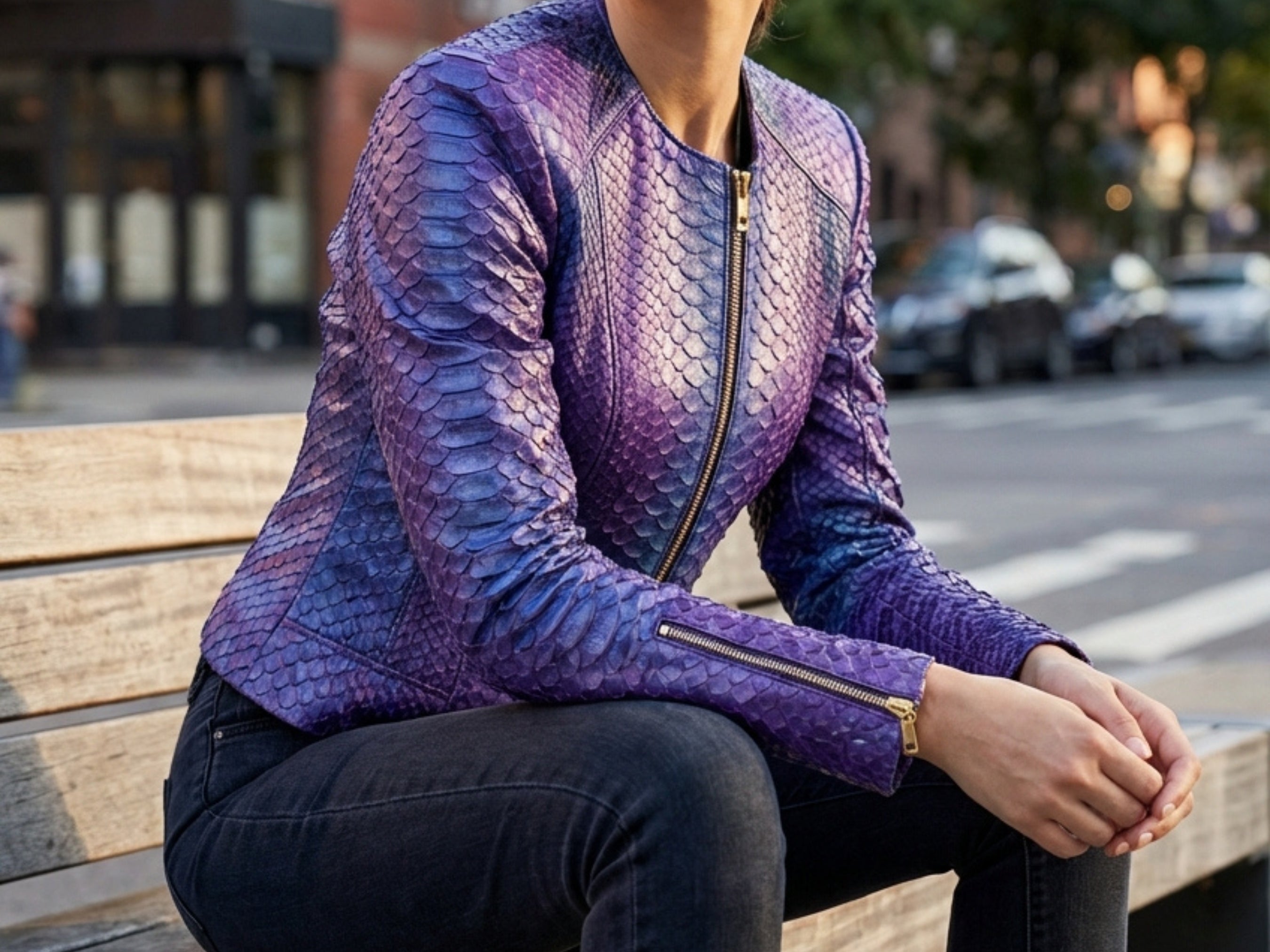 Purple-blue snakeskin jacket with gold-trim zip, long sleeves