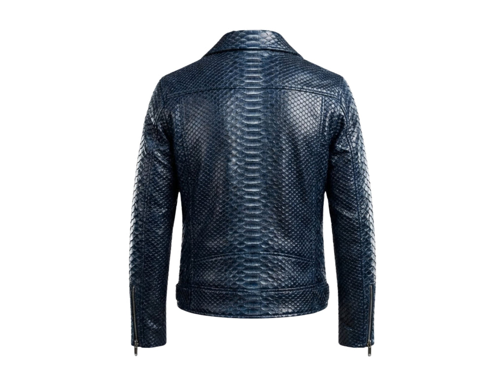 Dark blue python snakeskin biker jacket with stand collar and front zipper, back view.