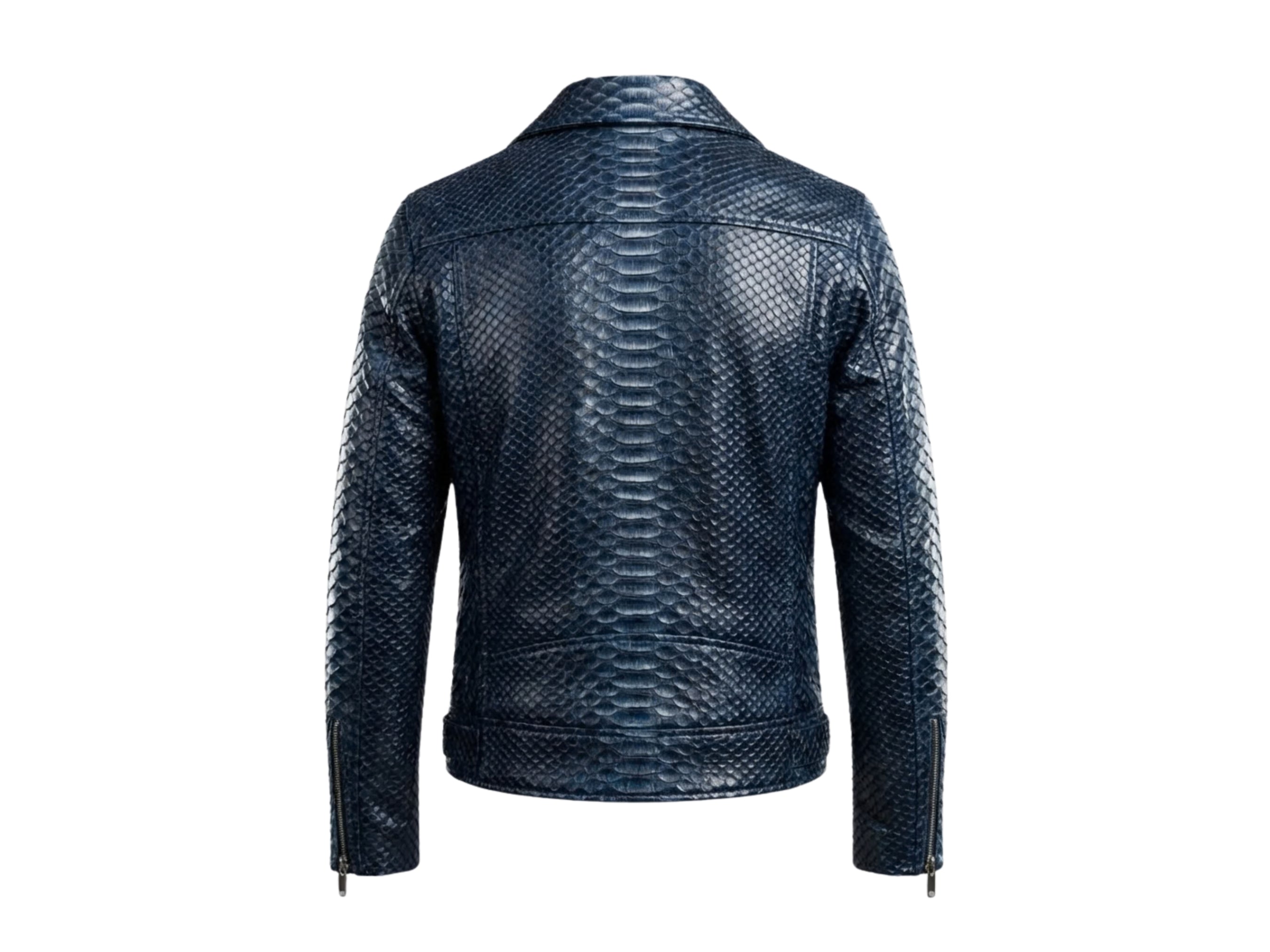 Dark blue python snakeskin biker jacket with stand collar and front zipper, back view.
