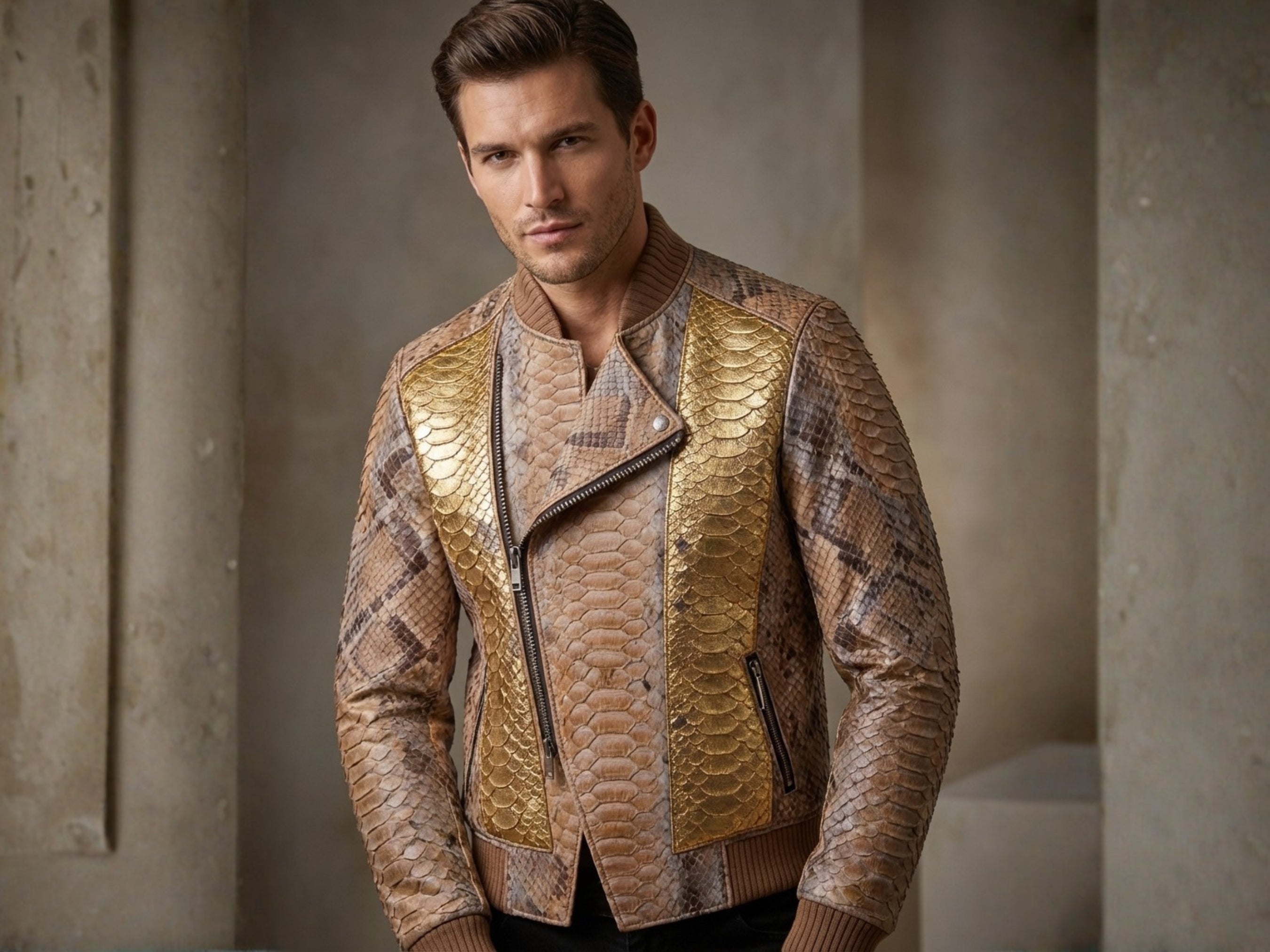 Gold and brown snakeskin-look biker jacket with zip front and ribbed cuffs