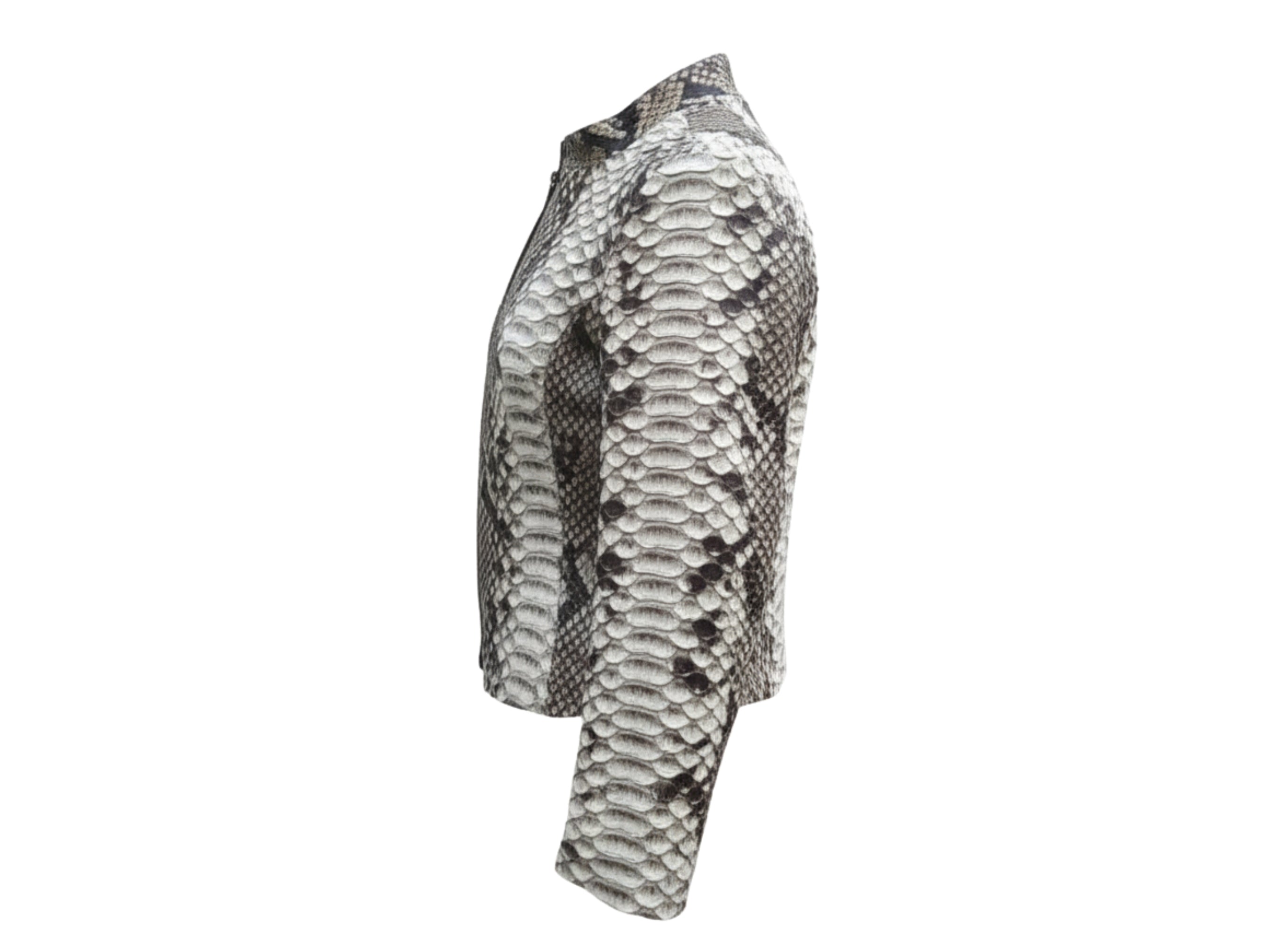 Women’s gray python-skin biker jacket in profile with stand collar