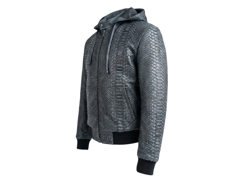 Python snakeskin hoodie bomber jacket, hood up, side view showing zipper and rib trim