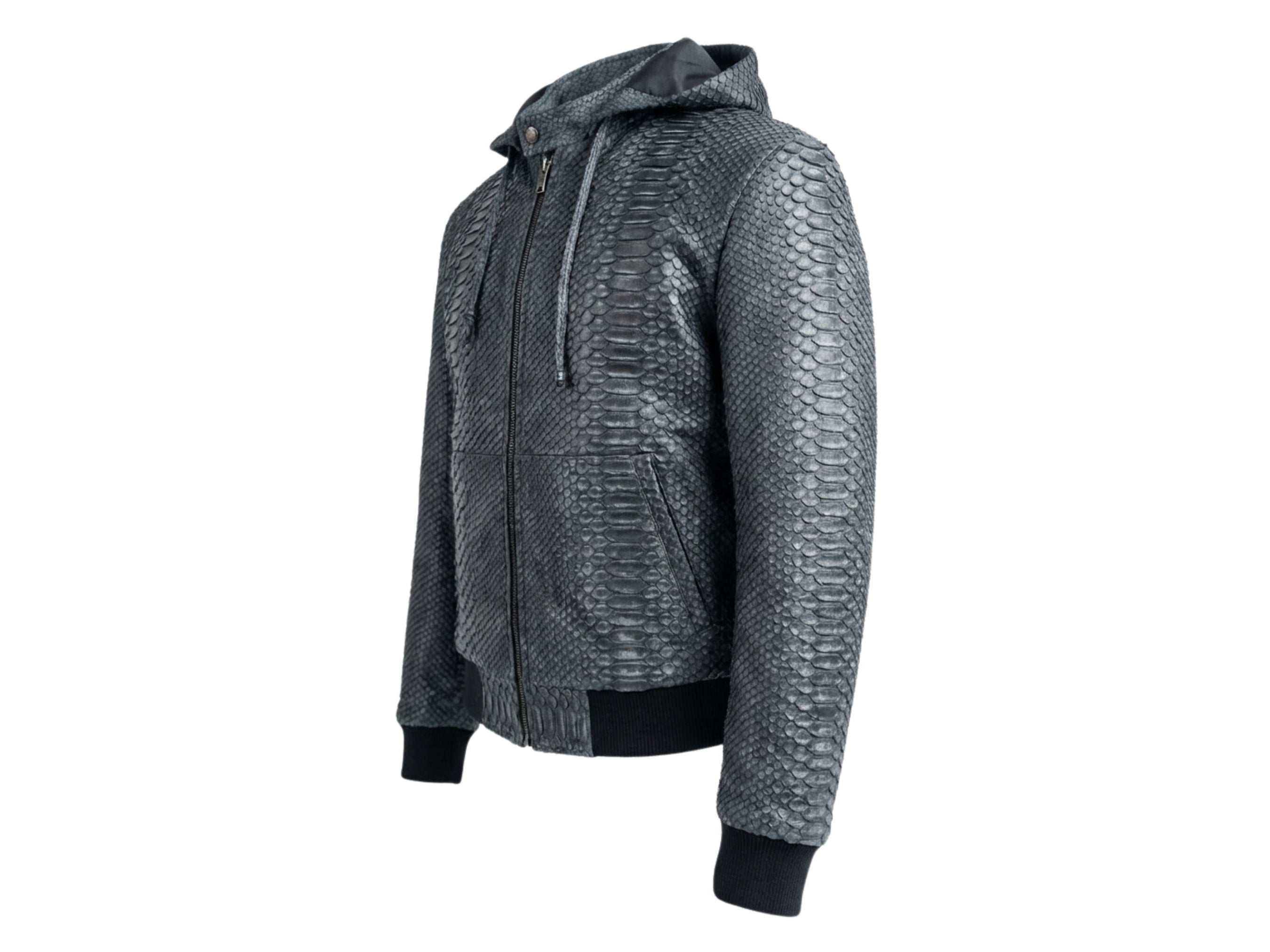 Python snakeskin hoodie bomber jacket, hood up, side view showing zipper and rib trim