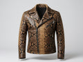 Natural brown snakeskin leather biker jacket with asymmetrical zipper and notch lapels