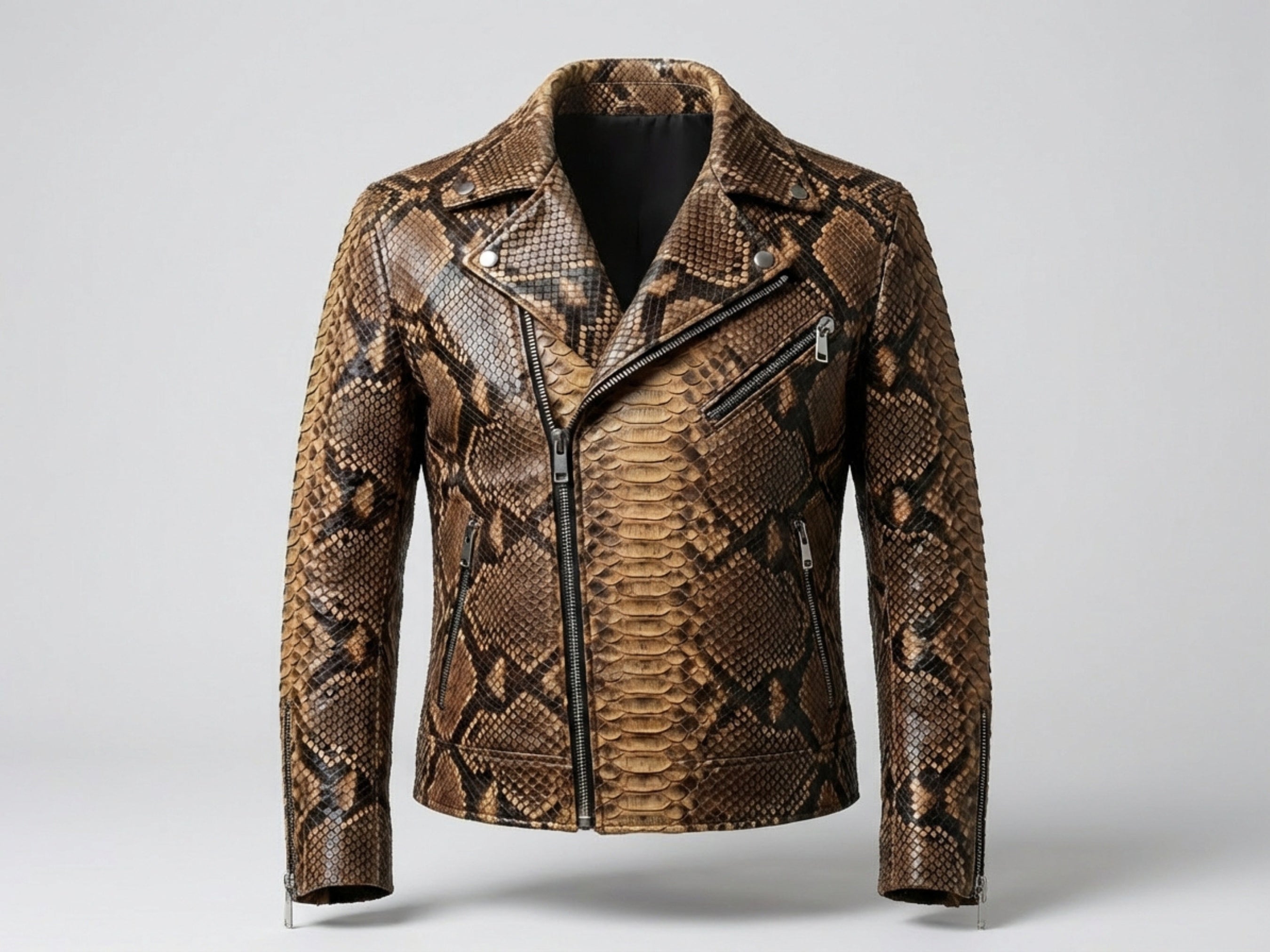 Natural brown snakeskin leather biker jacket with asymmetrical zipper and notch lapels