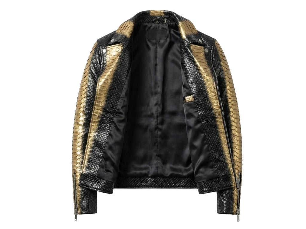 Back view of men's black and gold python-print biker jacket with zip details