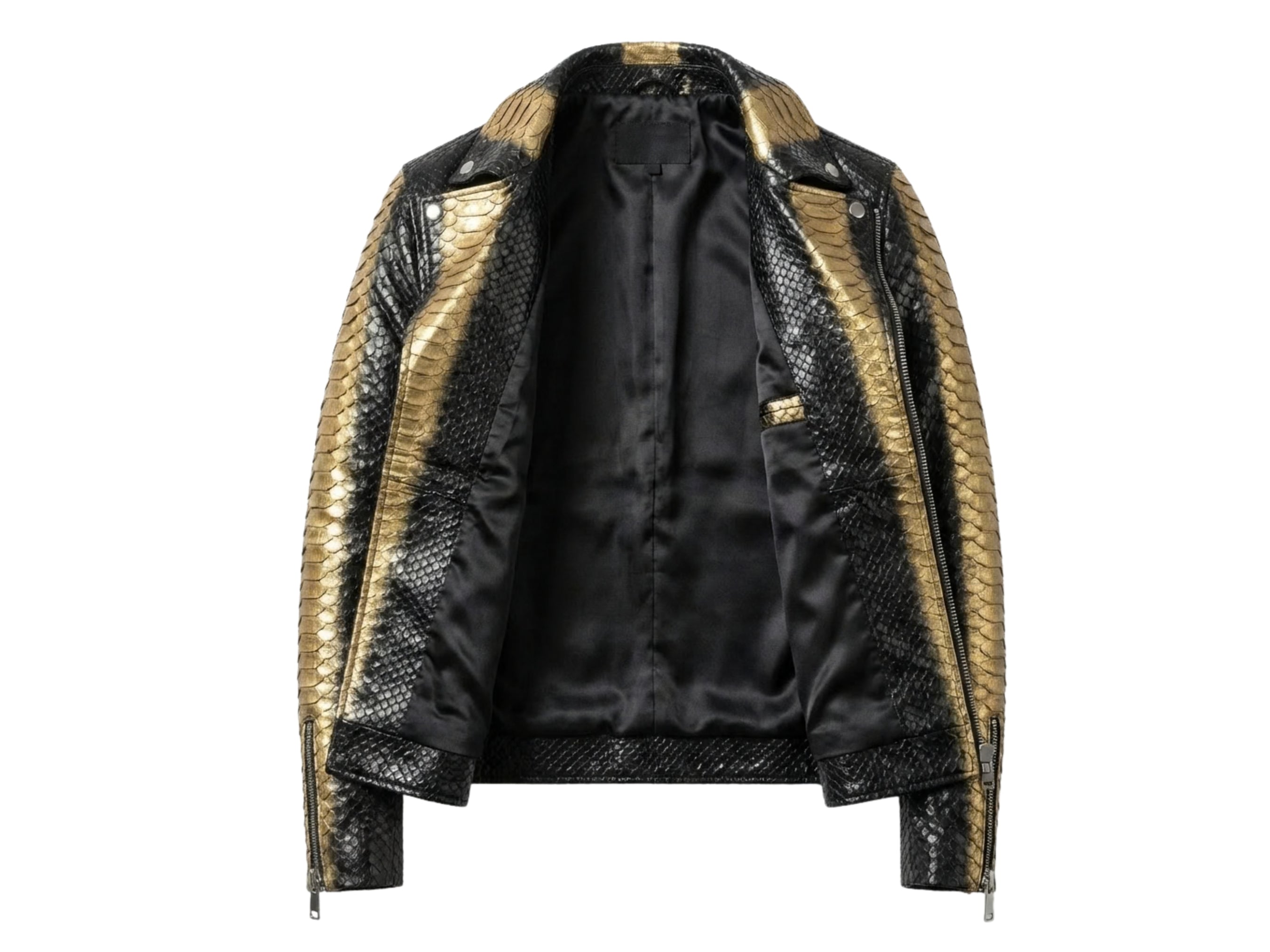 Back view of men's black and gold python-print biker jacket with zip details