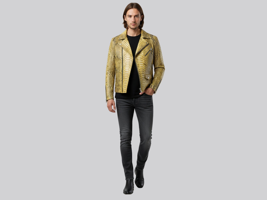 Gold python snakeskin biker jacket, front view with zip-up closure and lapels.