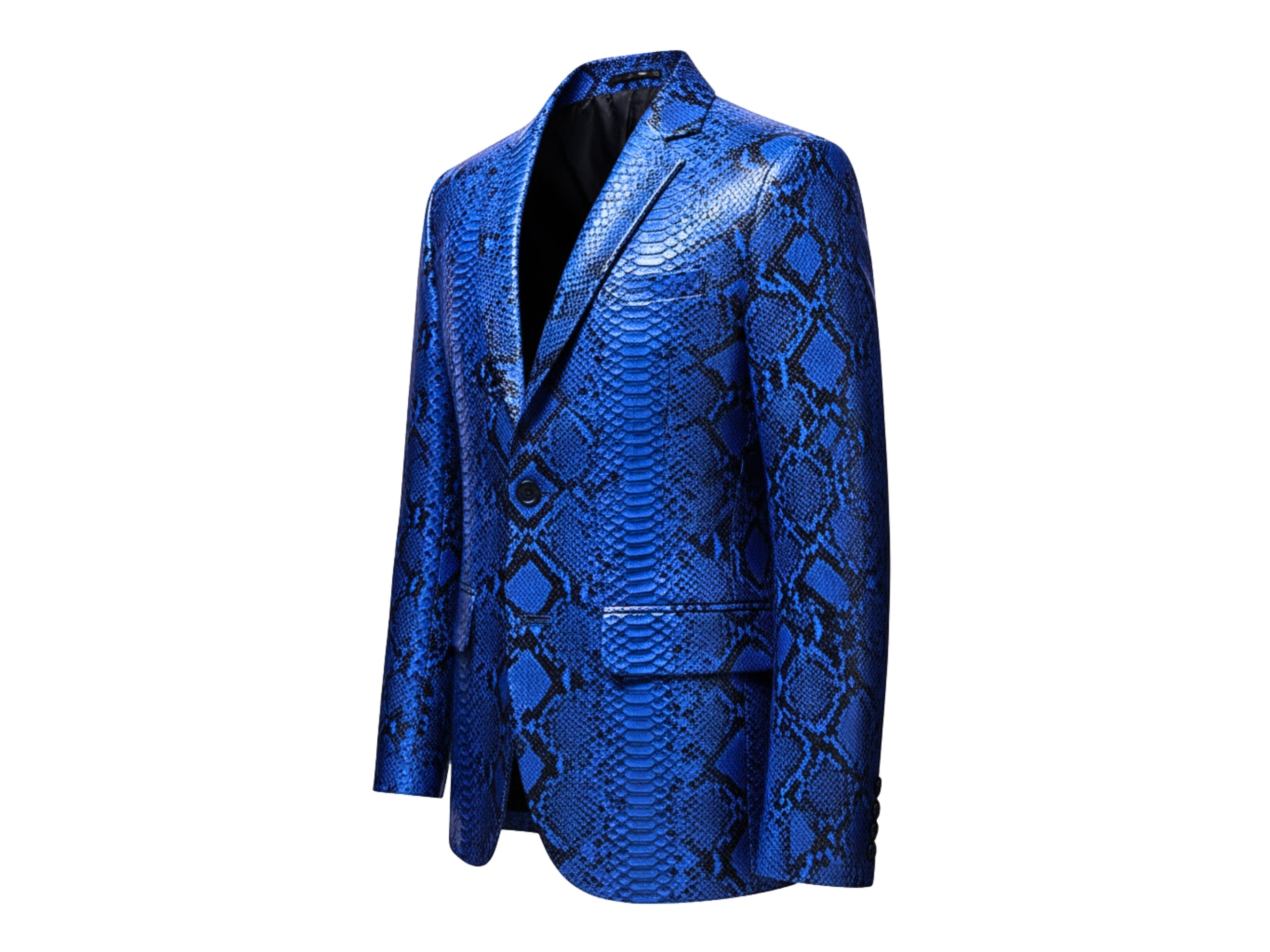 Men's blue snakeskin blazer, side view with peak-style lapels and welt pockets.
