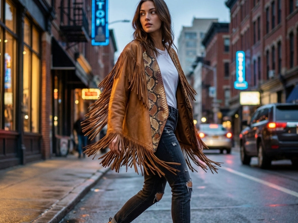 Brown suede fringe cape jacket with snake-skin print front panel and open front
