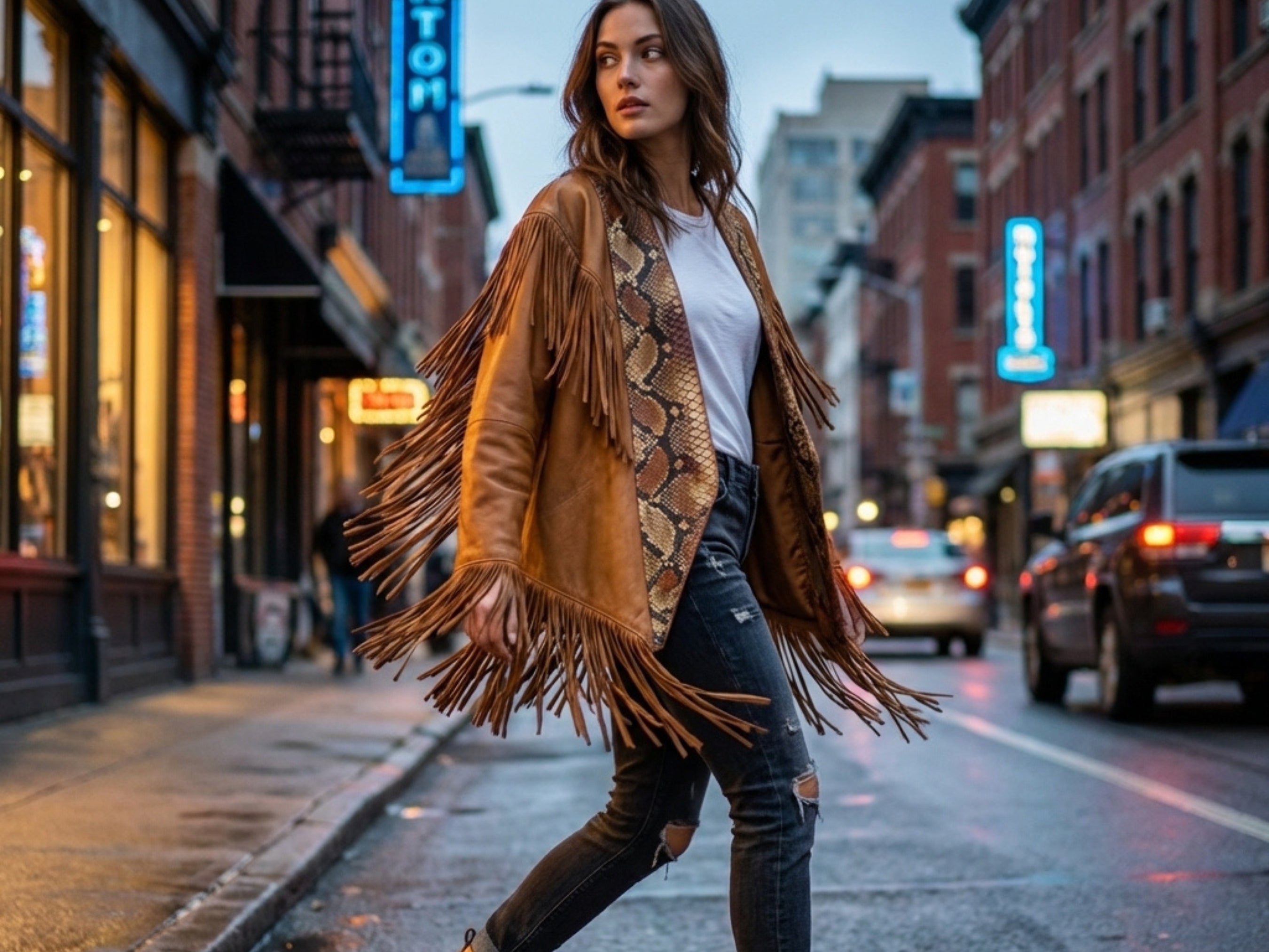 Brown suede fringe cape jacket with snake-skin print front panel and open front