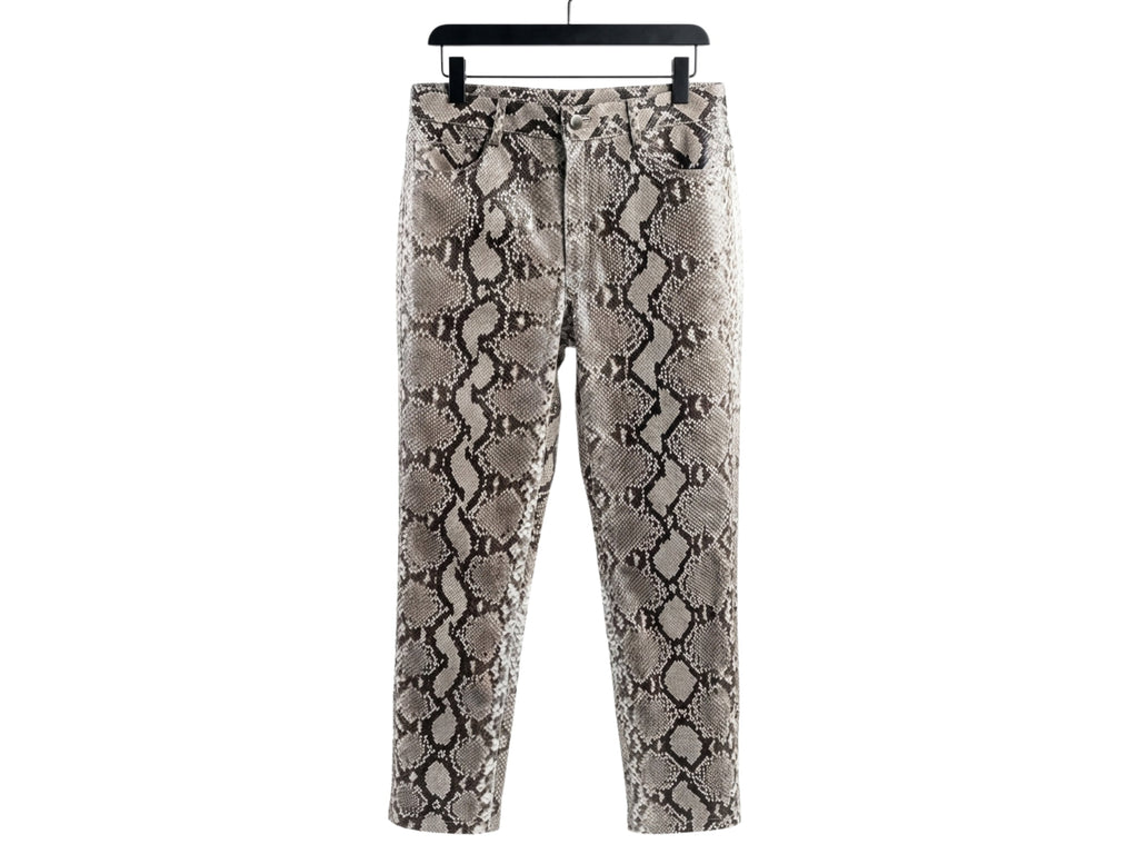 Natural gray python snakeskin pants with straight legs and elasticized waistband