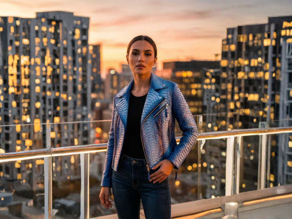 Blue snakeskin-effect moto jacket with stand collar, asym zipper, and metal zip details.