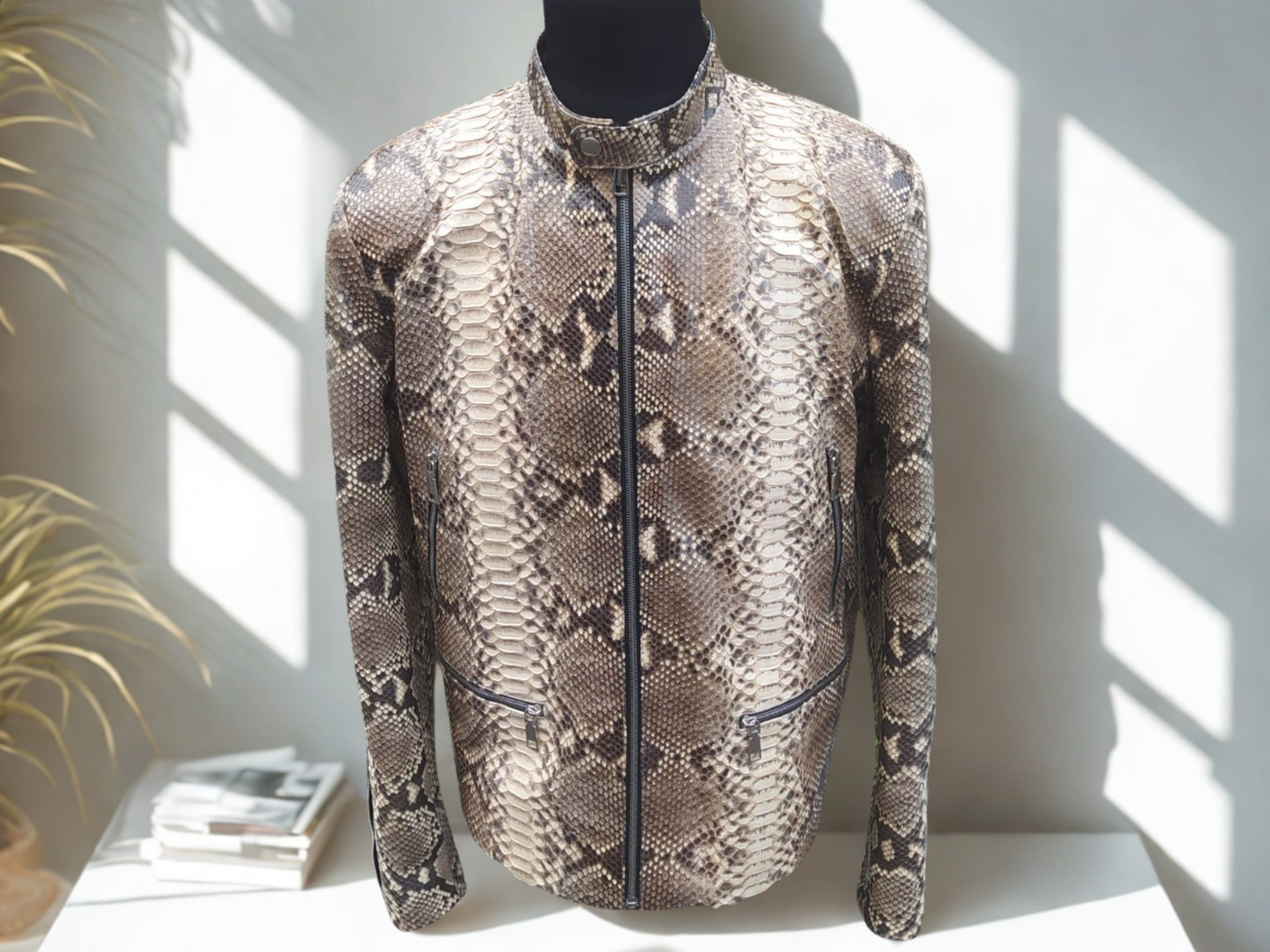 Python leather jacket with front zip and stand collar, natural gray