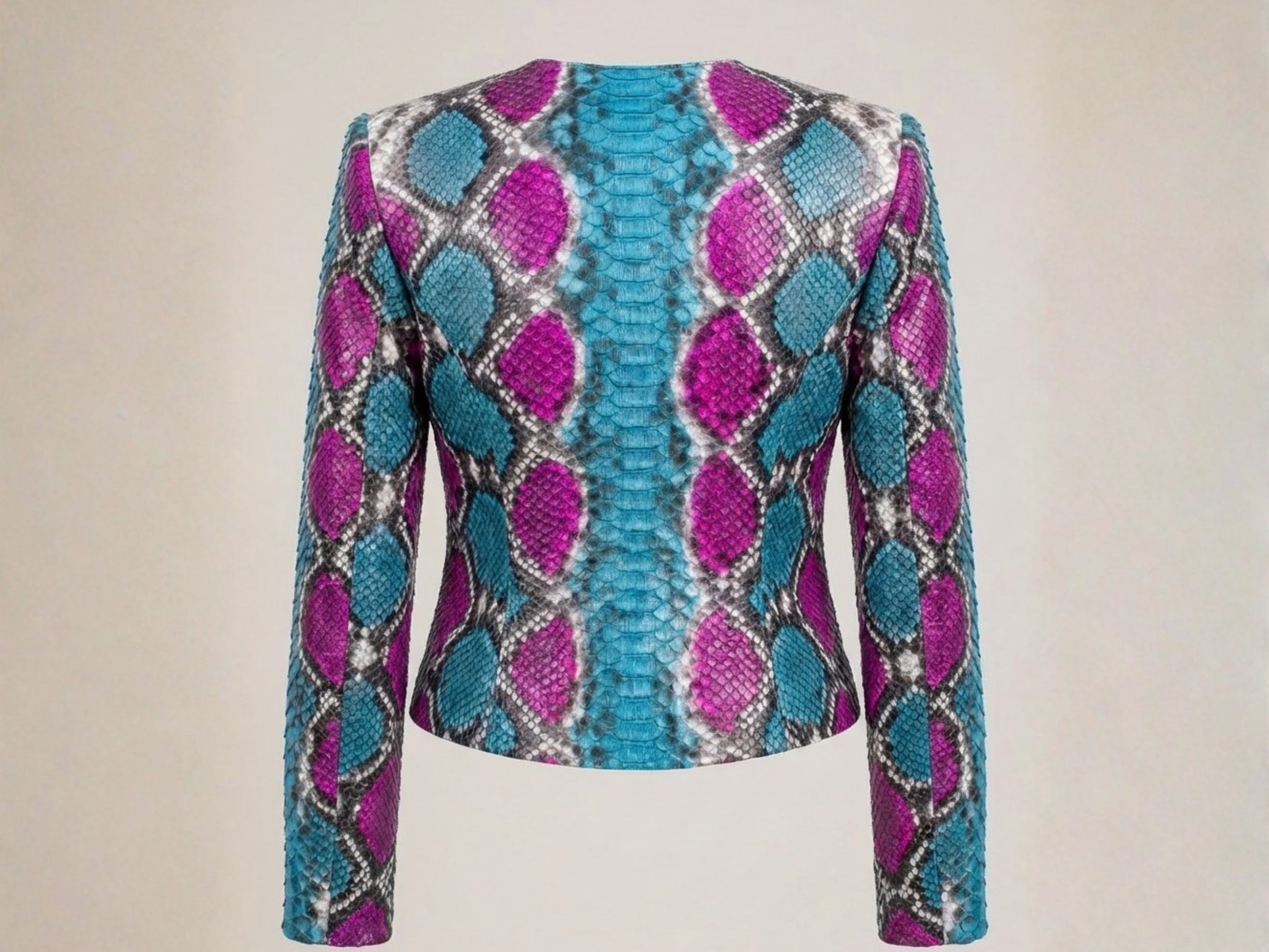 Multi-color snakeskin biker leather jacket, back view with zip collar