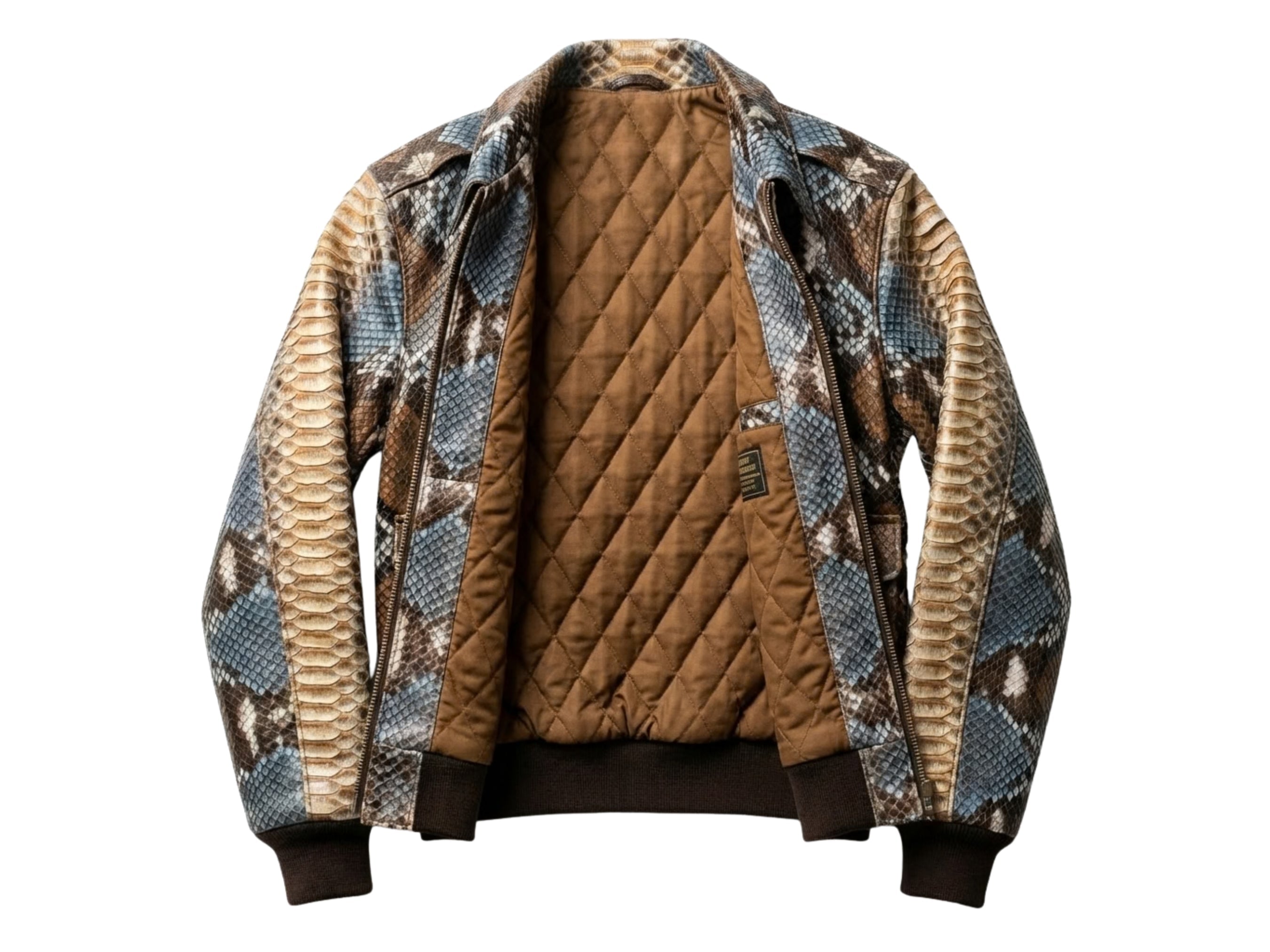 Men's snakeskin bomber jacket back with quilted brown lining and ribbed hem