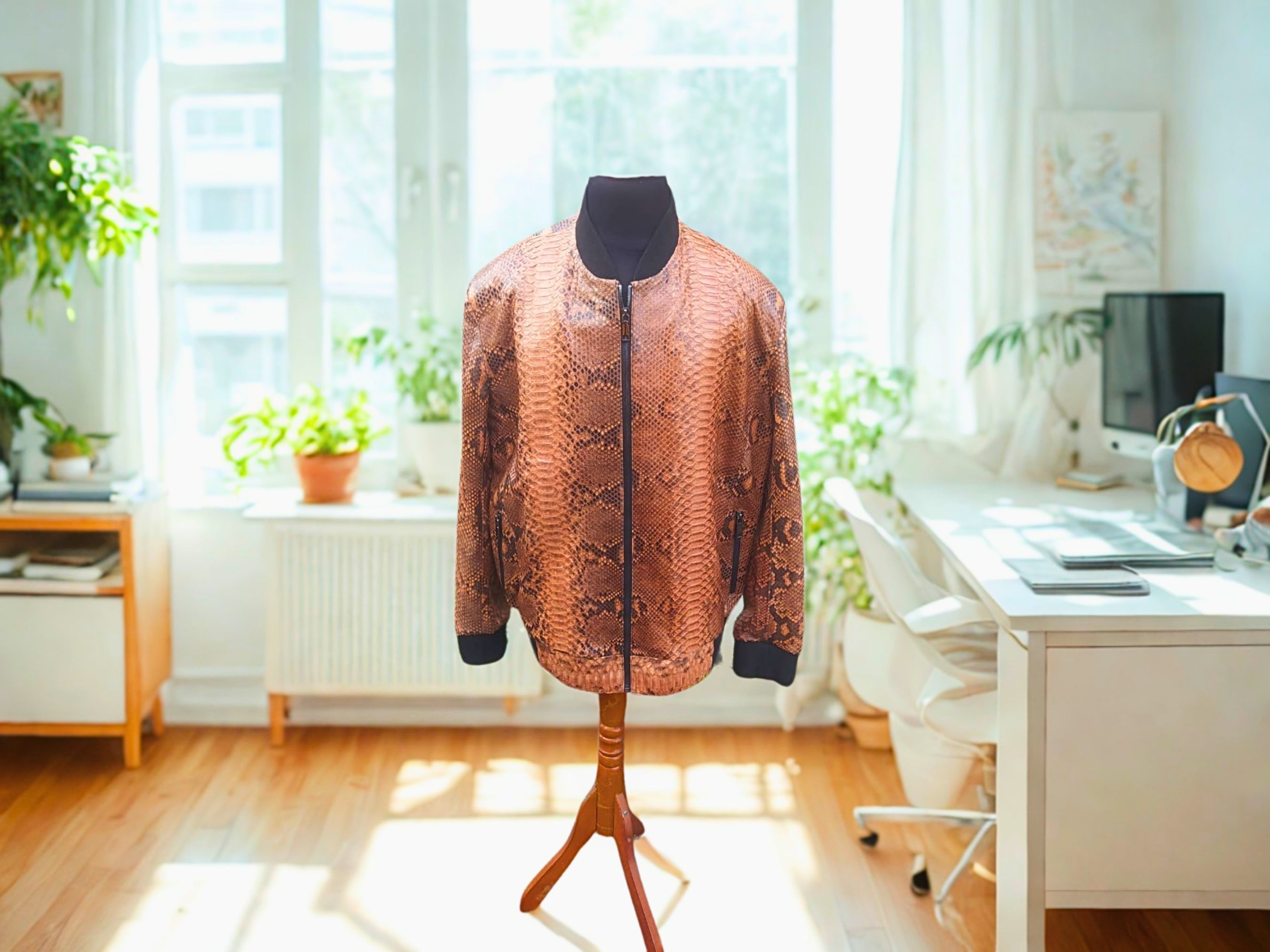 Brown leather bomber jacket on mannequin, scaly snakeskin pattern and black ribbed cuffs