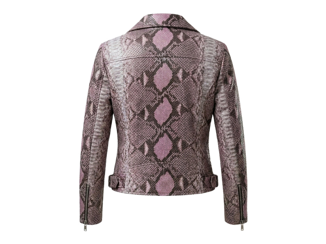 Back view of pink snakeskin-pattern moto jacket with zippered cuffs