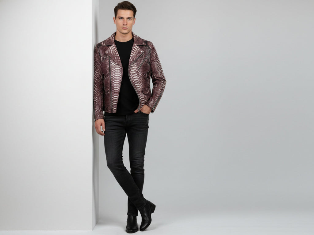 Men's snakeskin-effect biker jacket with metal zippers, angled front, standing collar.