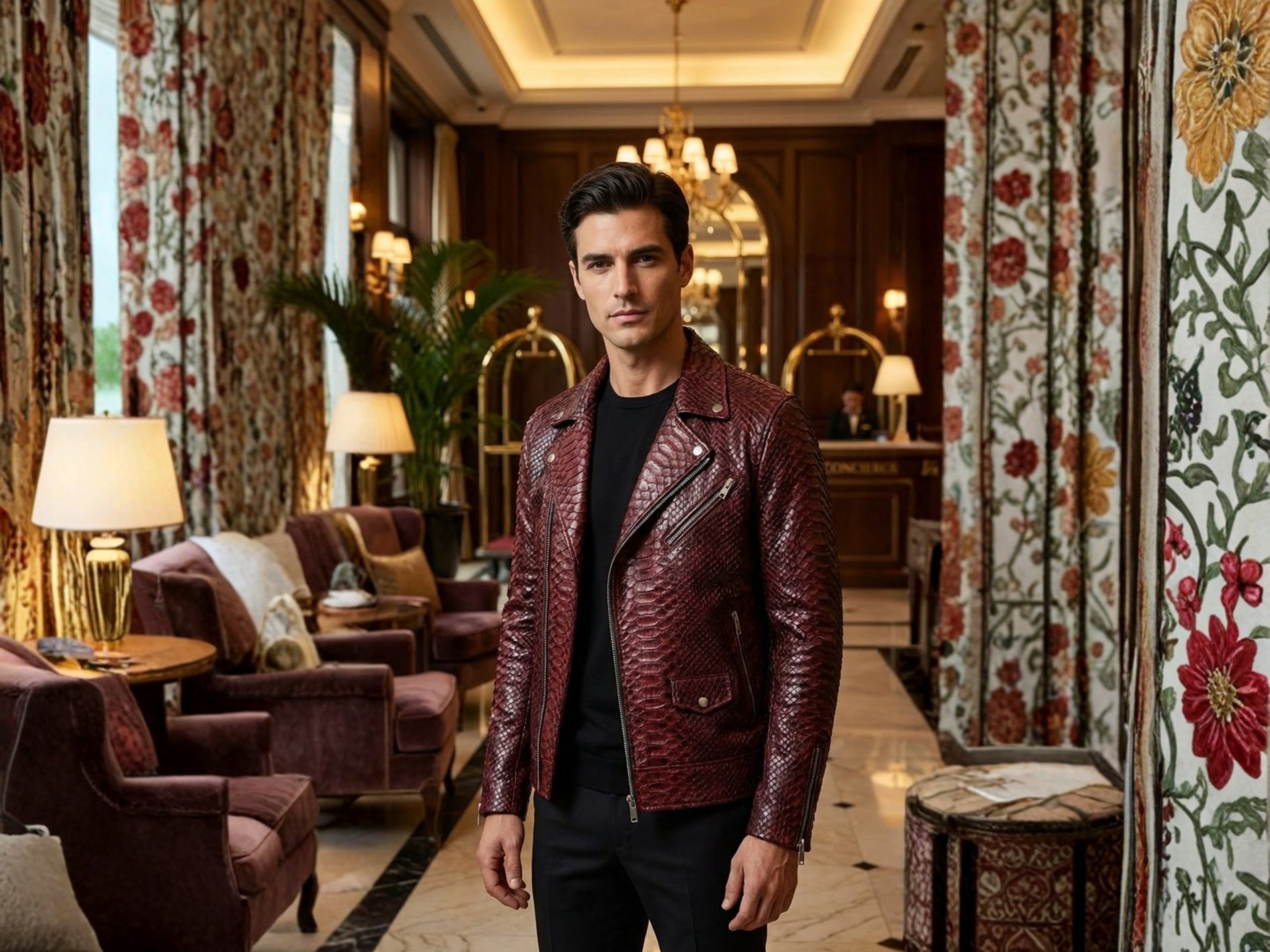 Burgundy python snakeskin leather biker jacket on model with stand collar and zip pockets