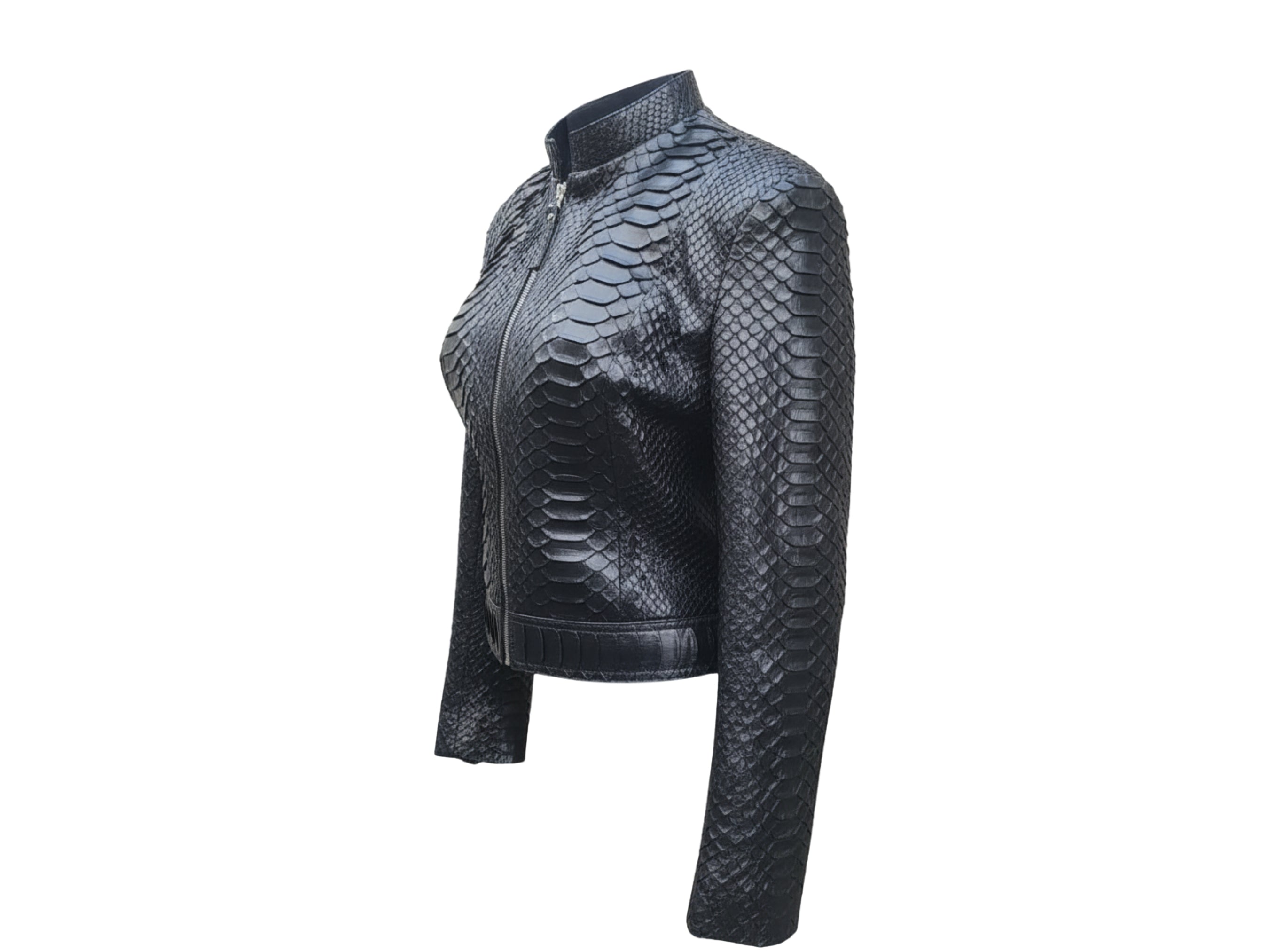 Black snakeskin leather motorcycle jacket side profile with zip front
