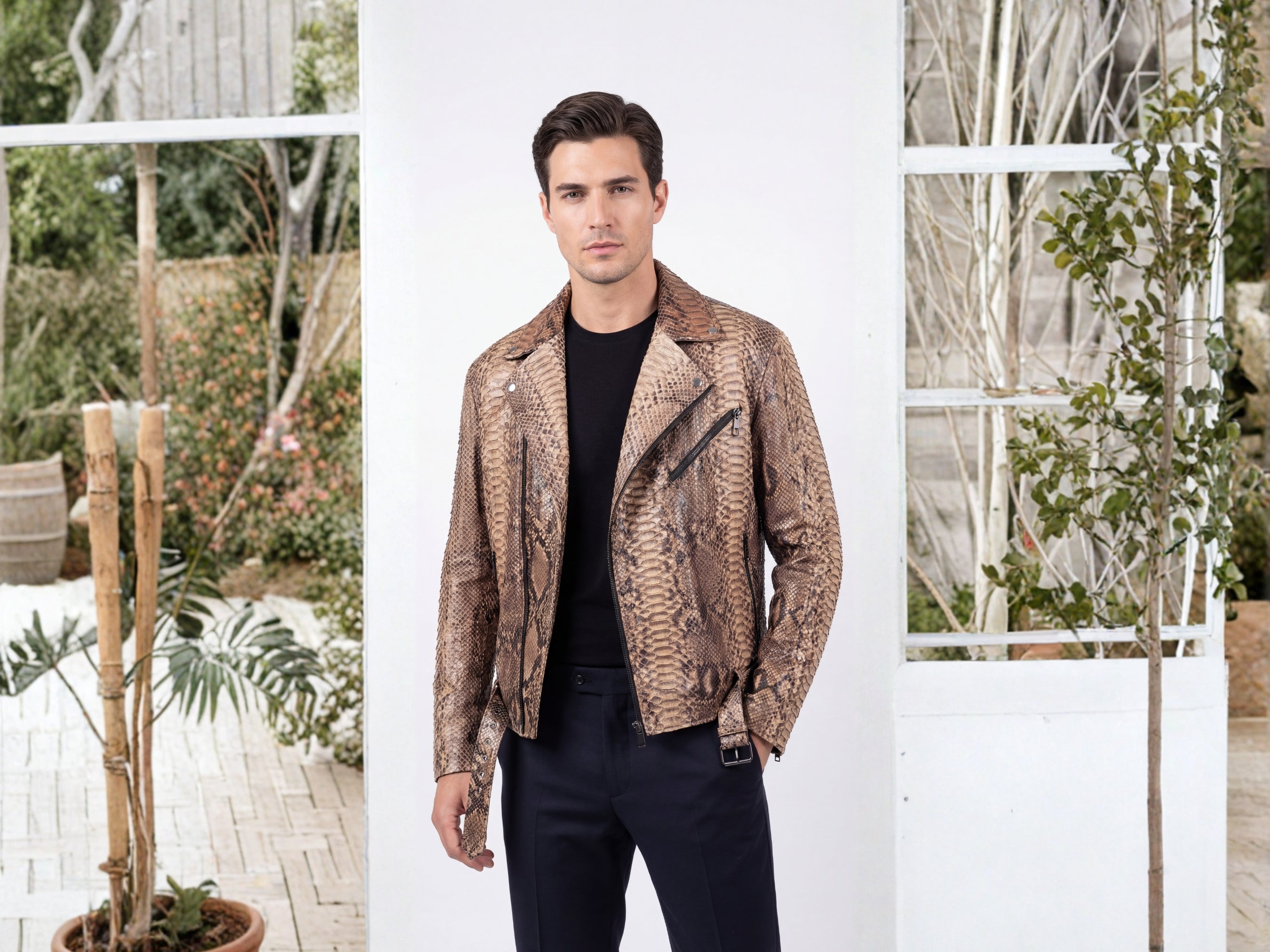 Men's brown python-effect biker jacket with zippered asymmetrical front and notch lapels