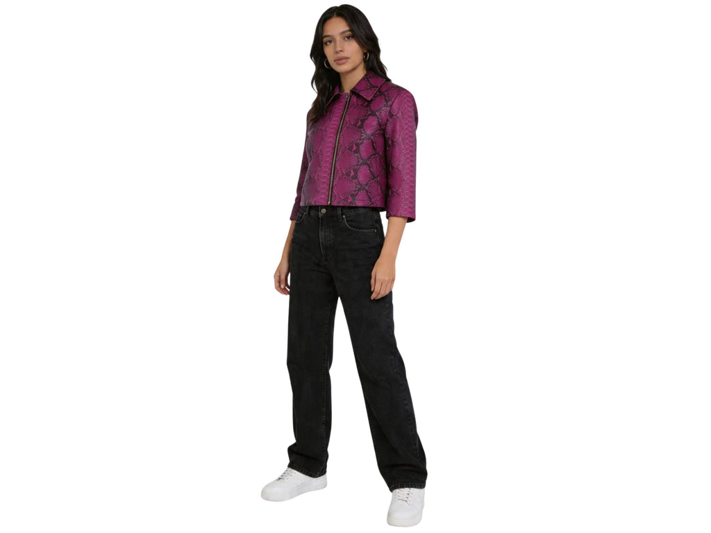 Magenta snakeskin cropped leather jacket with front zip, long sleeves, hip length