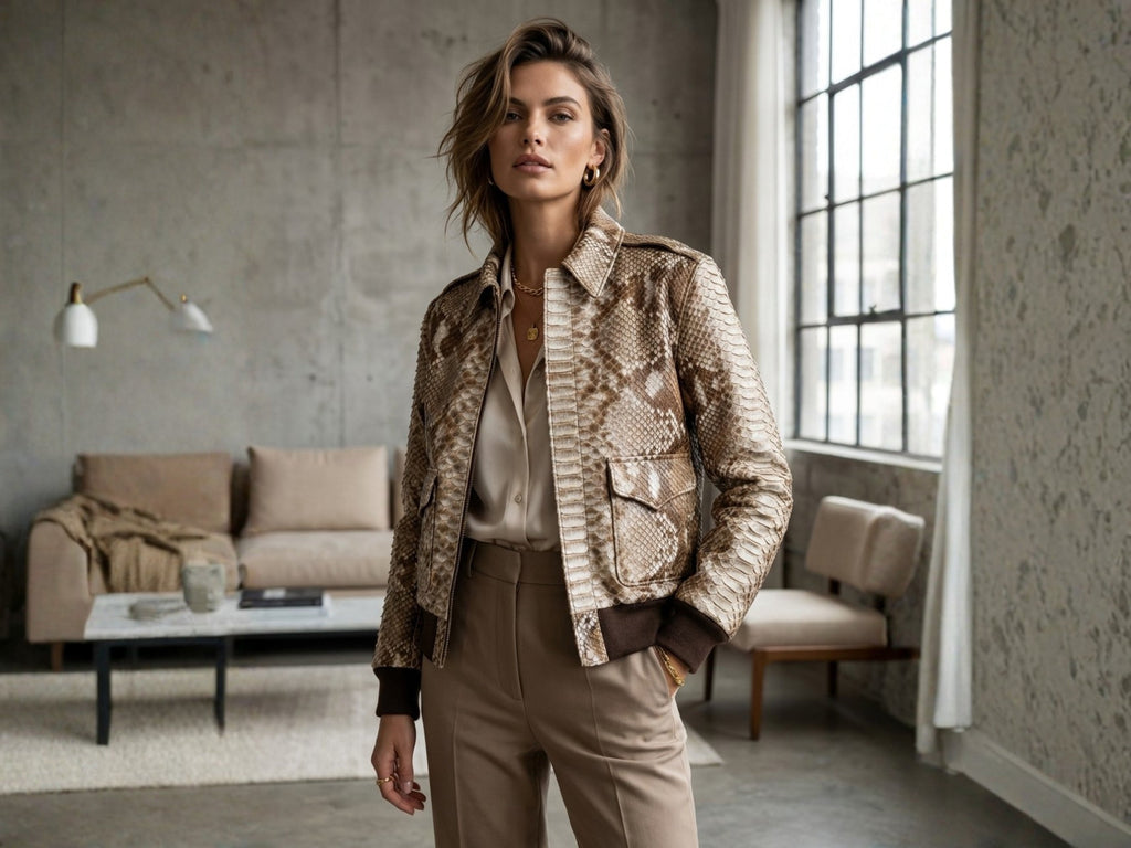 Taupe beige python snakeskin bomber jacket with flap pockets and stand collar
