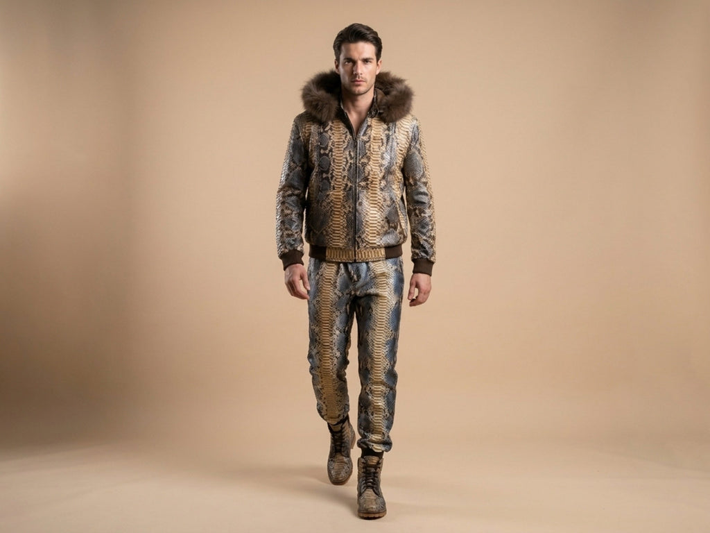 Python snakeskin printed hoodie tracksuit with fur-trim collar and matching joggers