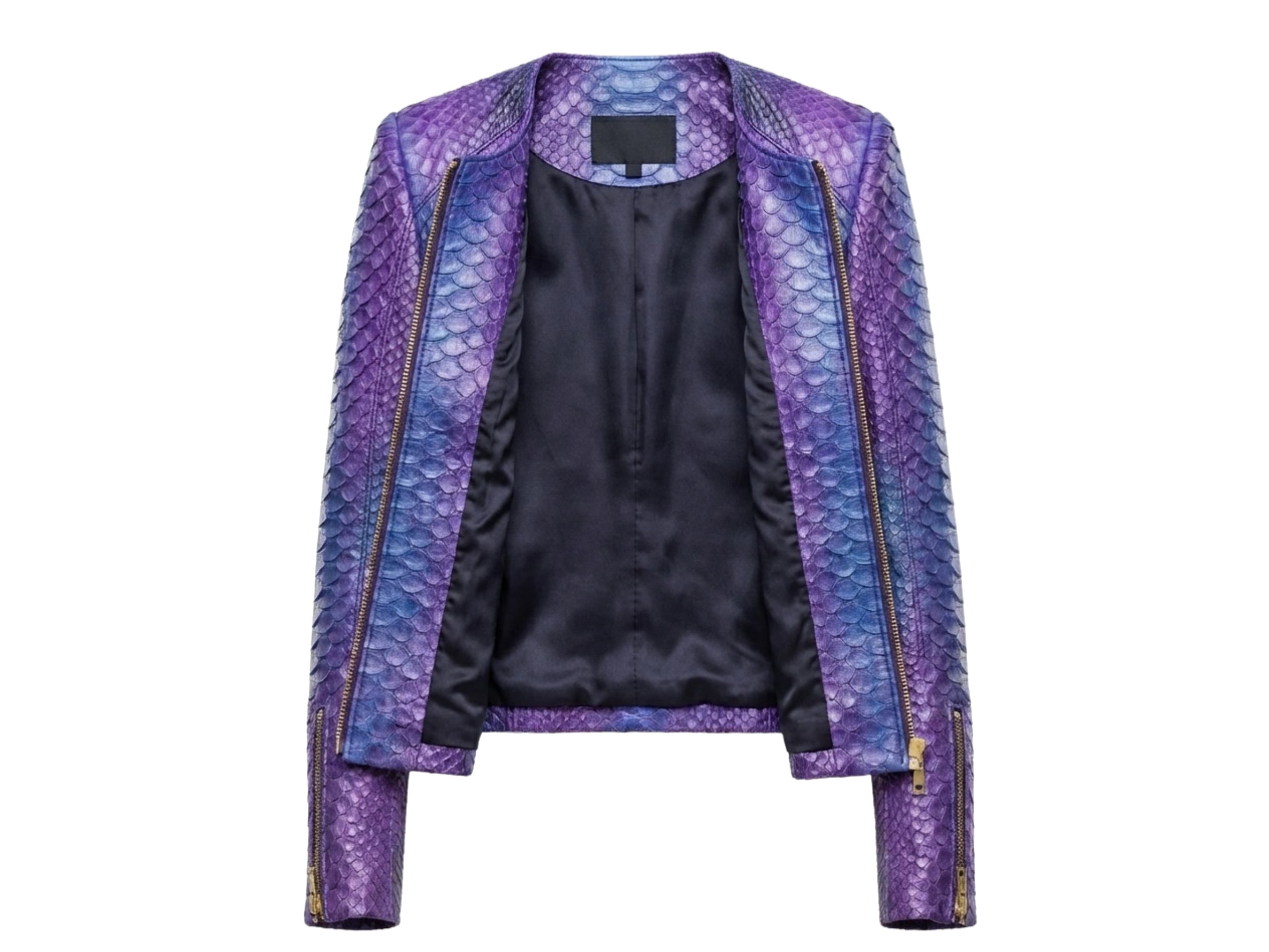 Purple-blue snakeskin jacket lining visible, front zip and cuffs