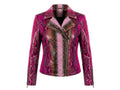 Snakeskin leather biker jacket, pink and metallic brown, zip-front and lapels