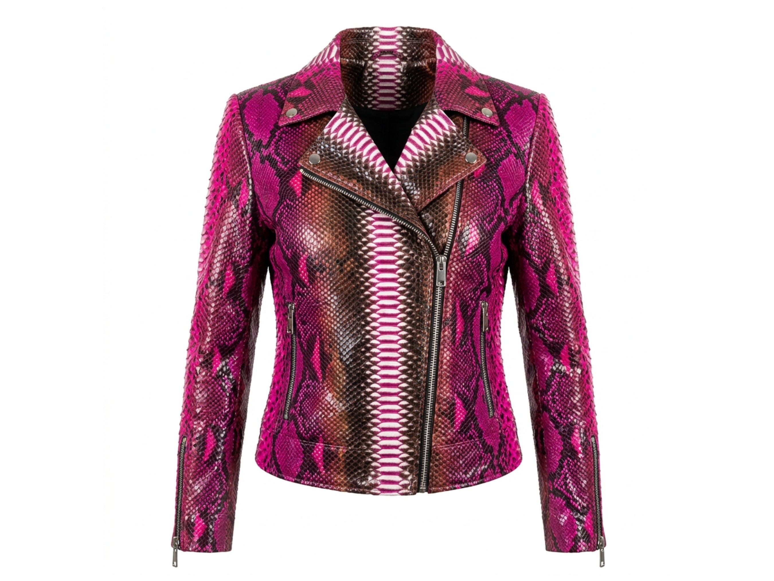 Snakeskin leather biker jacket, pink and metallic brown, zip-front and lapels