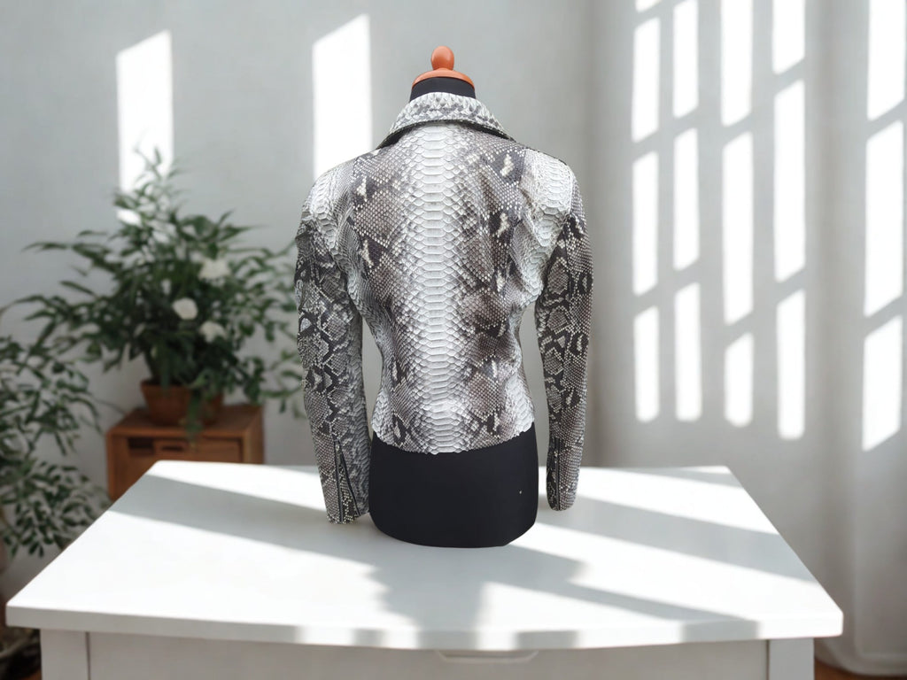 Snakeskin-print biker jacket, full back view, silver-gray textured pattern