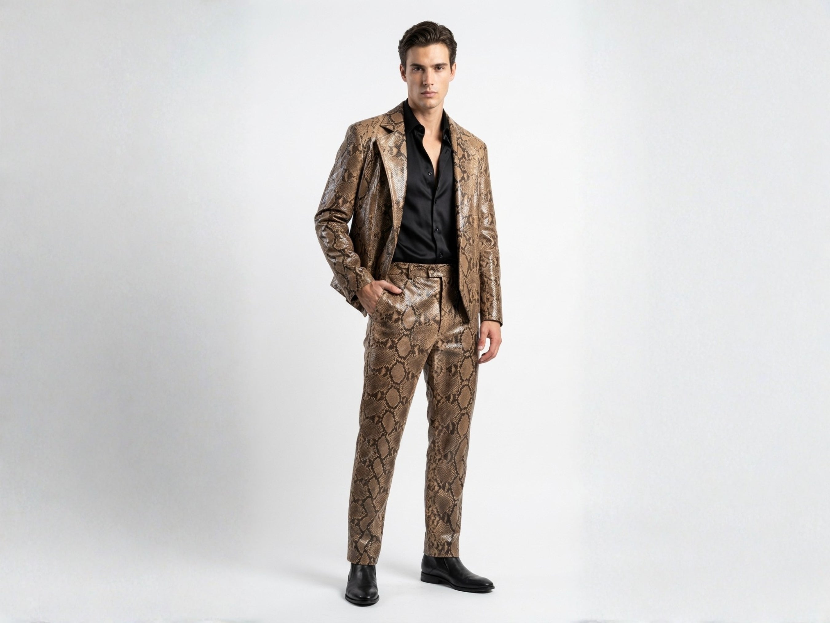 Brown python-skin snakeskin suit set with blazer jacket and matching pants