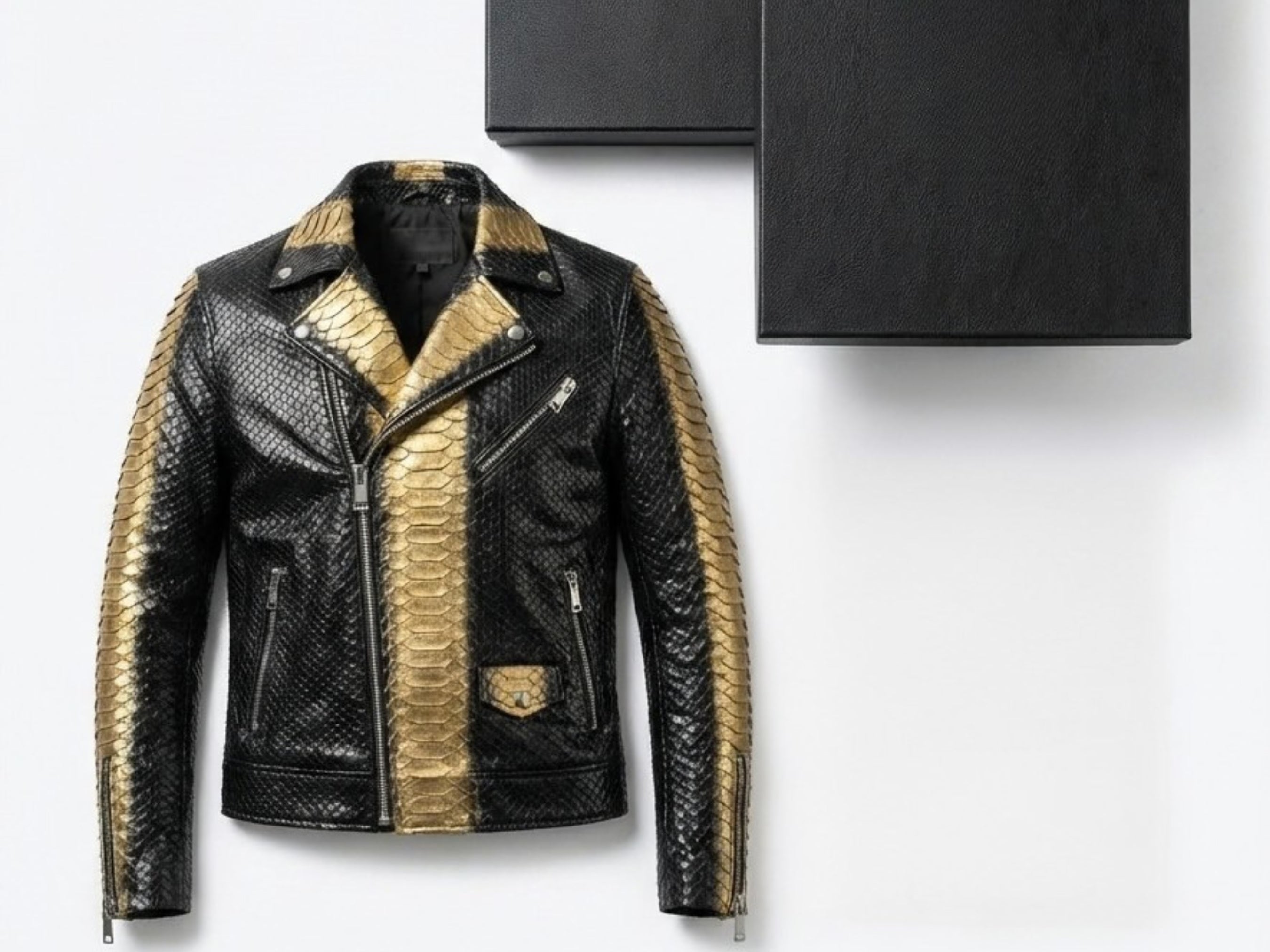 Men's black and gold python-print leather biker jacket with asymmetrical zip pockets